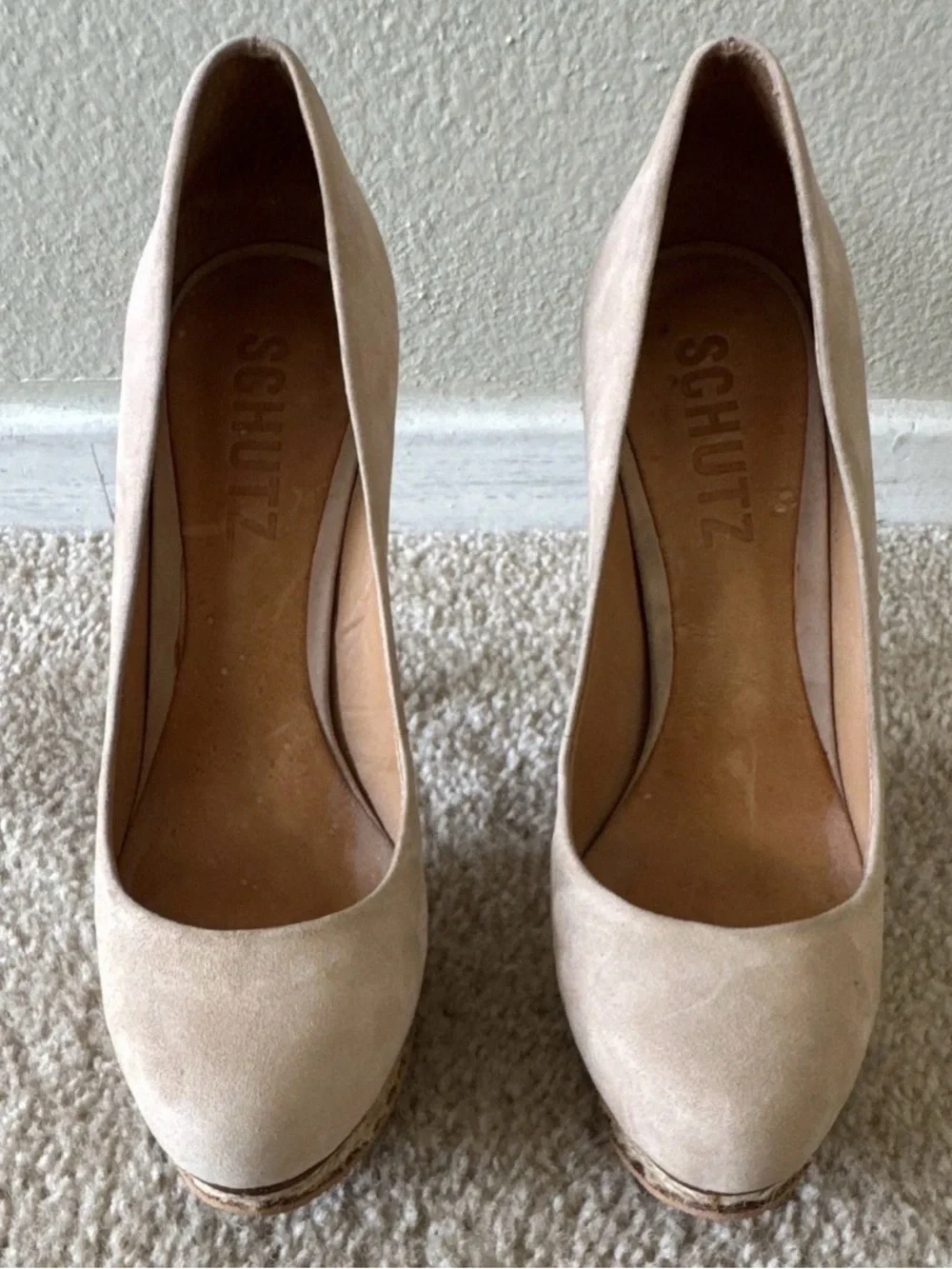 SCHUTZ Beige Suede Platform Pumps with Rope Detail